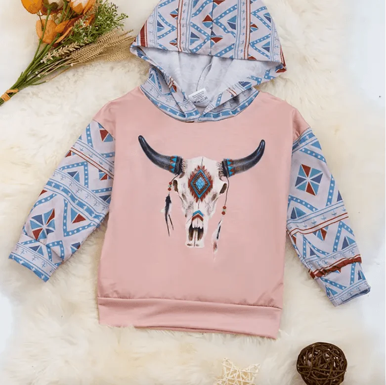 Kids Charm Toddler & Girl's Pink Steerskull and Aztec Print Hoodie LOI