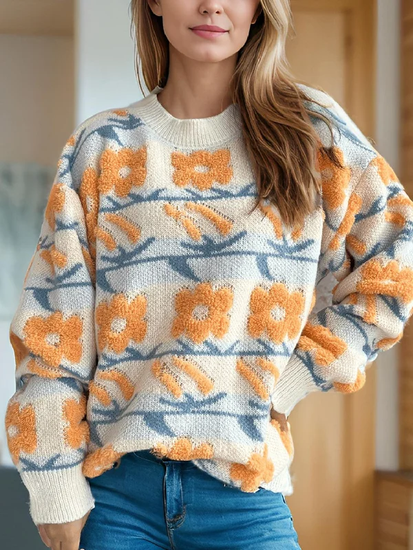 Flower Contrast Round Neck Long Sleeve Sweater