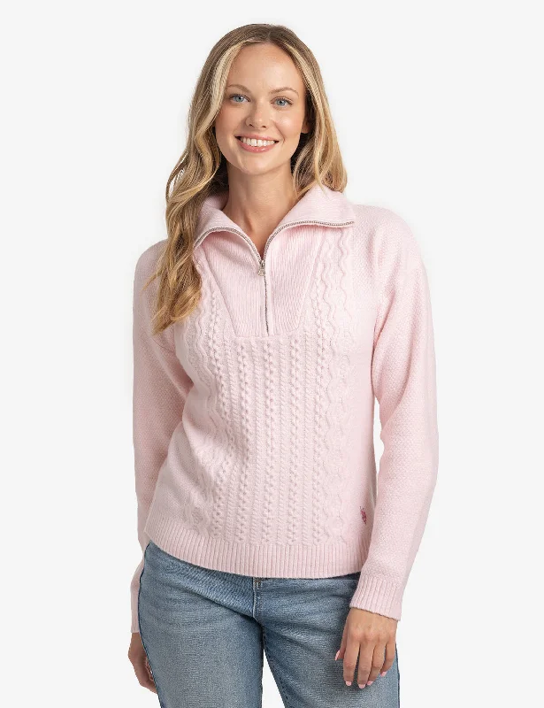 QUARTER ZIP CABLE SWEATER