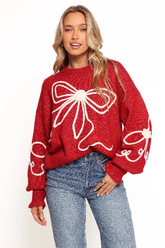 Mardi Large Bow Knit Sweater - Red/Cream