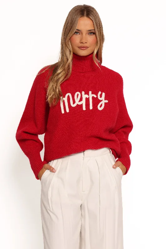 Merry Turtleneck Knit Sweater - Red/White