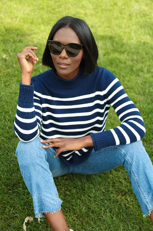 Mock Roll Neck Sweater in Navy & Ivory Stripe