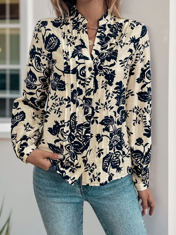 Pleated Floral Long Sleeves Button Down Blouse