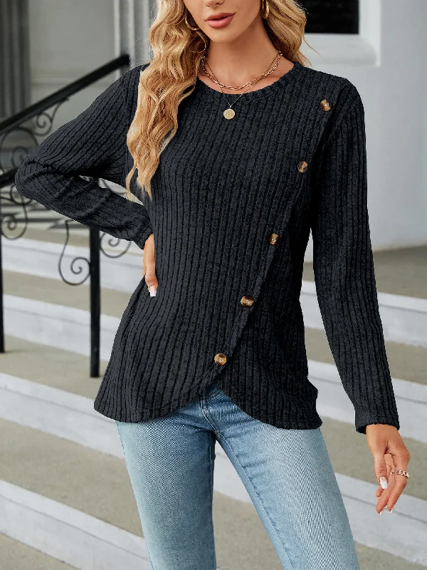 Solid Color Long Sleeves Round Neck Button Decor Blouse