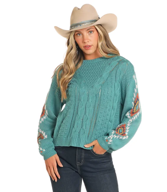 Rock and Roll Cowgirl Women's Evergreen Aztec Long Sleeve Sweater BW32T04469