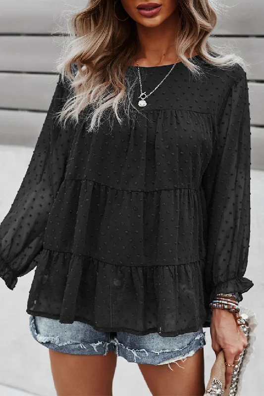 Long Sleeves Crew Neck Chicffon Blouses PomPom Pleated Top