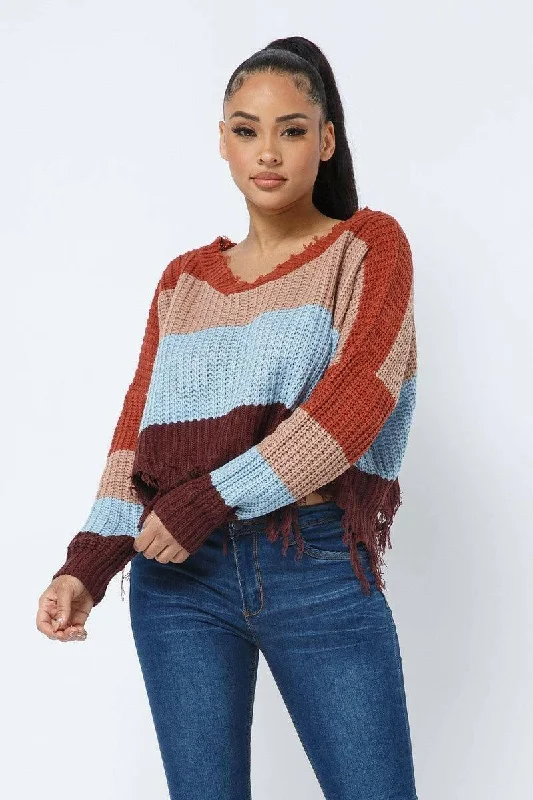 Sandra V neck distressed cozy sweater for women