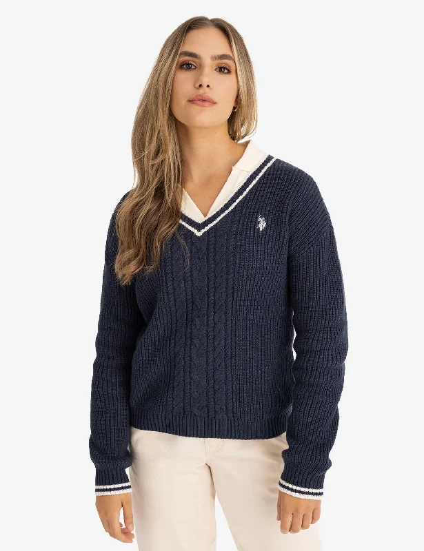 TIPPED CABLE V-NECK SWEATER