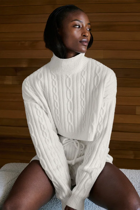 Cable Knit Cropped Winter Bliss Turtleneck Long Sleeve - Ivory