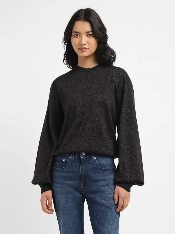 Women's Solid Black Crew Neck Sweater