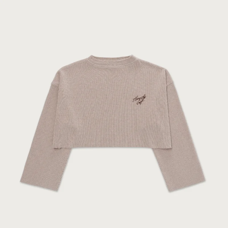 Womens Textured Cropped Crewneck - Stone