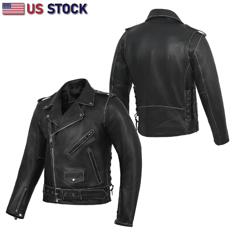 HL10205Grey OLDSCHOOL New Old School Police Style Motorcycle Leather Jacket 2 Ammo pocket