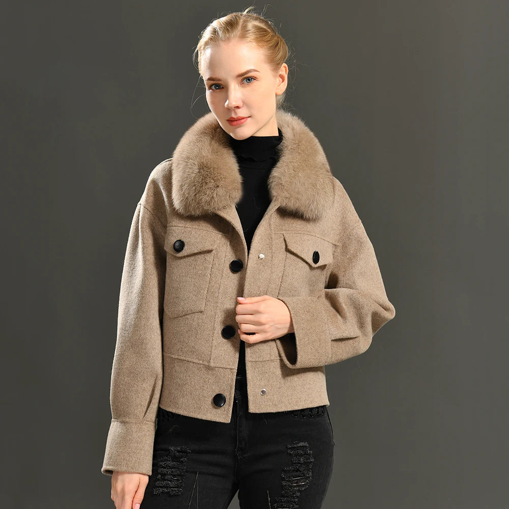 Women's Cashmere Wool Coat with Real Fur Collar – Winter Cropped Jacket, Full Sleeves, Pocketed Streetwear Outerwear