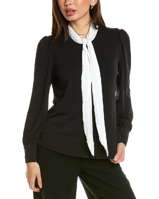 Adrianna Papell Contrast Woven Bow Tie Neck Shirt