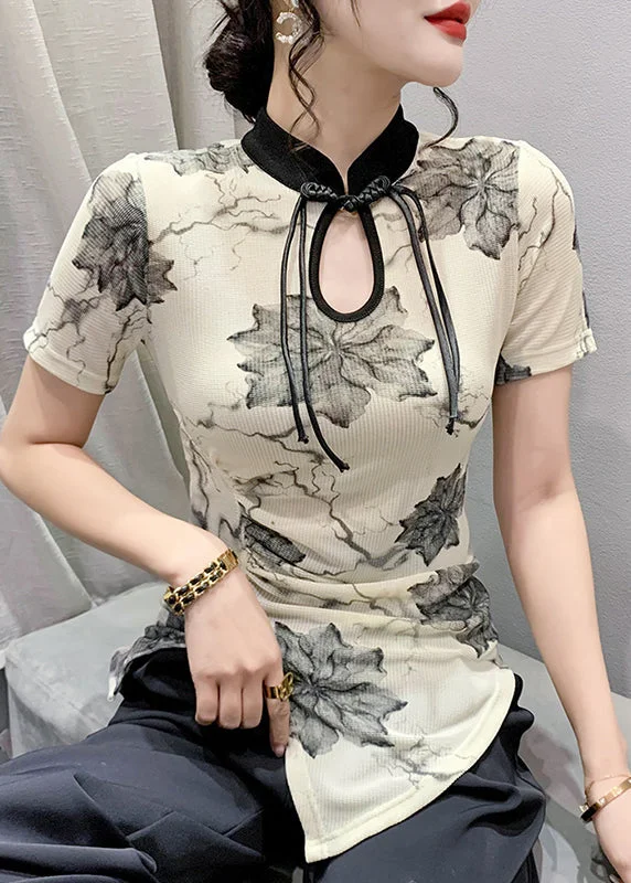 Apricot Stand Collar Print Button T Shirts Summer