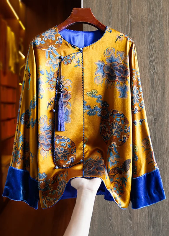 Art Yellow Tasseled Print Patchwork Silk Shirts Fall