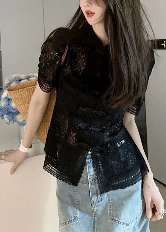 Black Stand Collar Button Lace Shirt Puff Sleeve