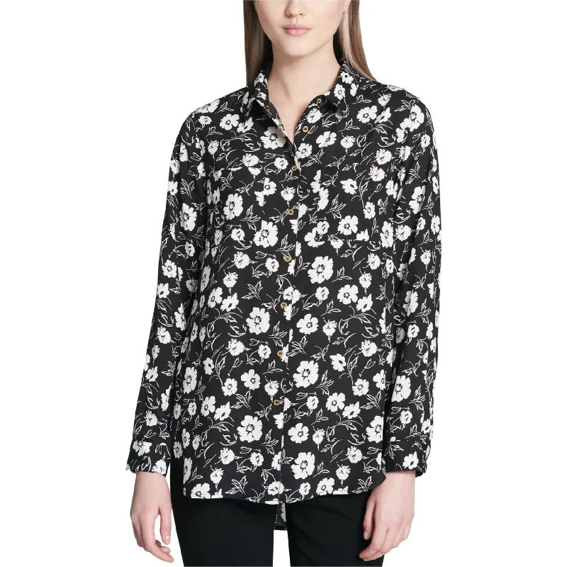 Calvin Klein Womens Floral Button Up Shirt, Black, X-Small