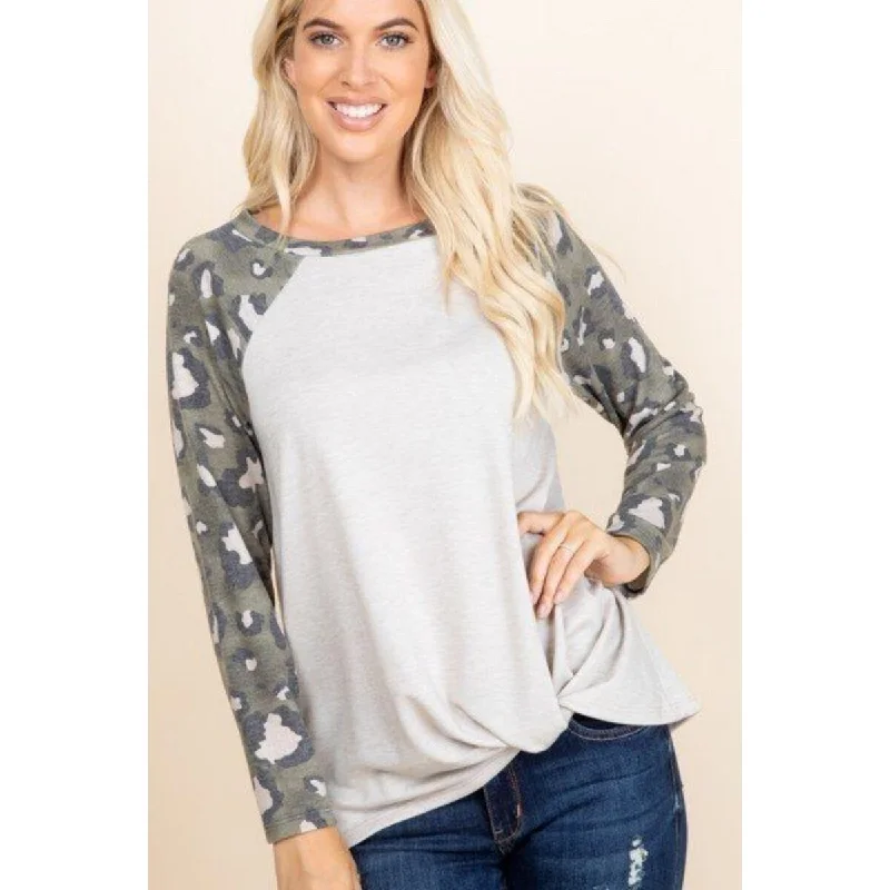 Casual French Terry Side Twist Top With Animal Print Long Sleeves