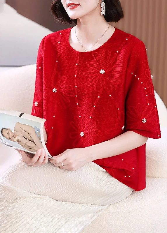 Casual Red Embroideried Nail Bead T Shirts Summer