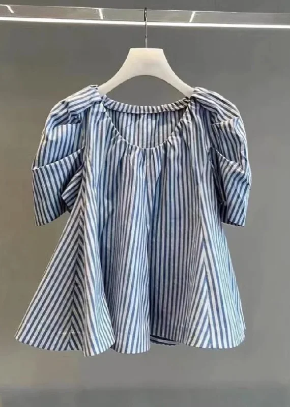 Chic Blue Striped Cotton Shirts Puff Sleeve