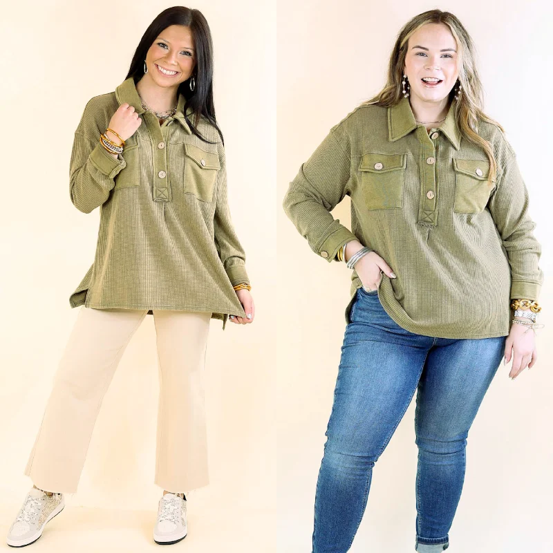 Cozy Welcome Waffle Knit Collared Top with Long Sleeves in Olive Green