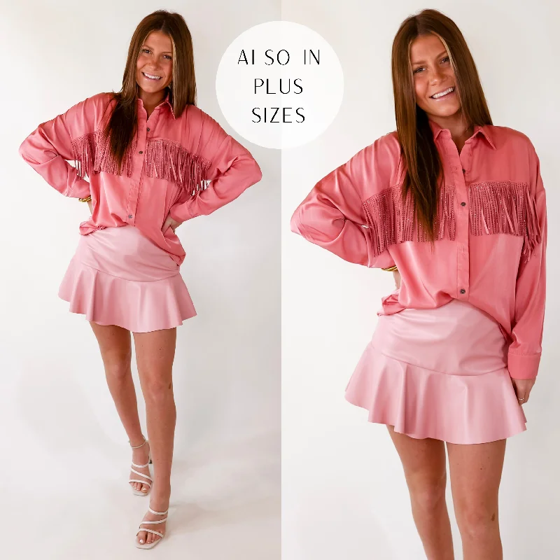 All That Shimmers Crystal Fringe Button Up Top with Long Sleeves in Coral Pink