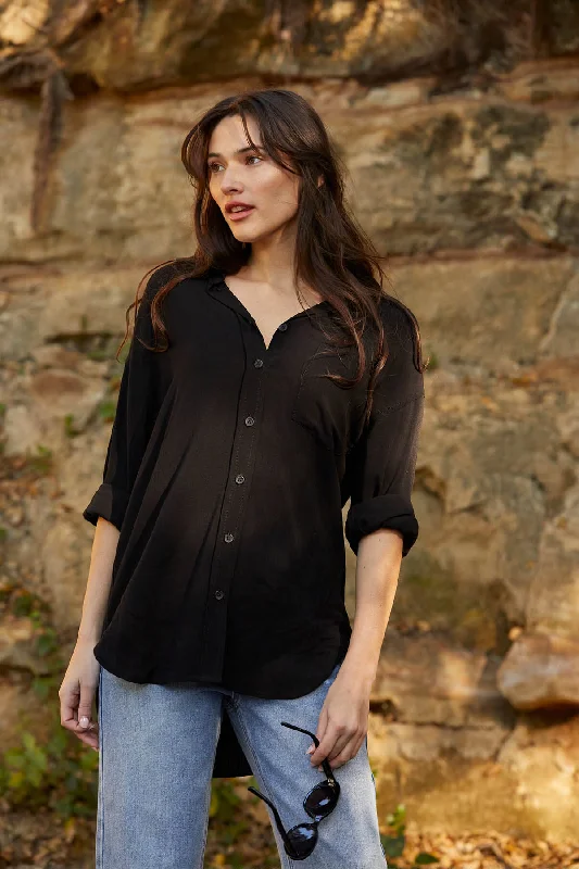 Linen-Like Relaxed Button Down Shirt - Black