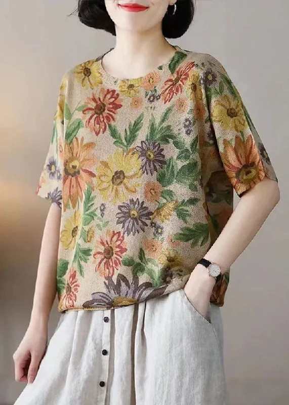 Floret Print Patchwork Cotton Knit T Shirts O-Neck  Summer