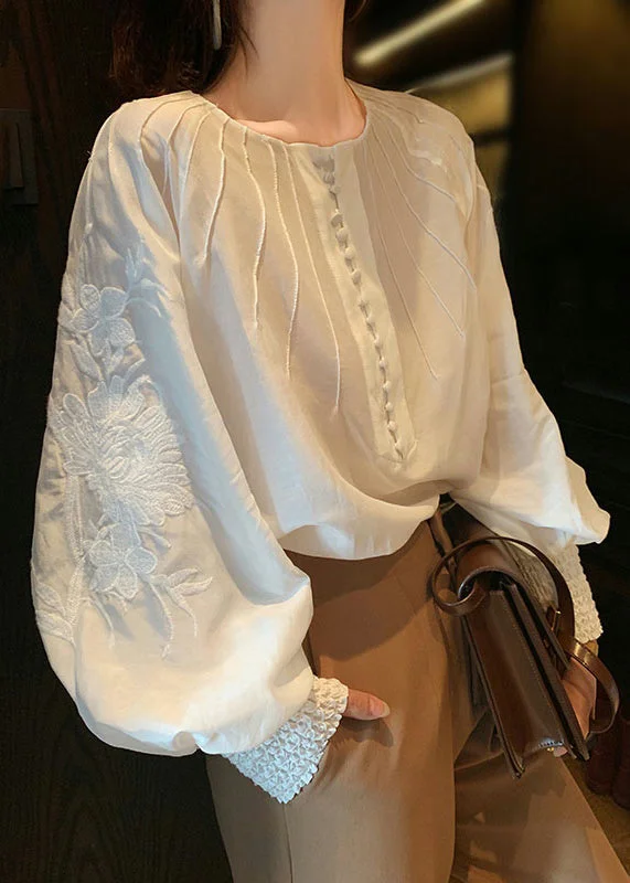 French White Embroideried Button Cotton Shirts Lantern Sleeve