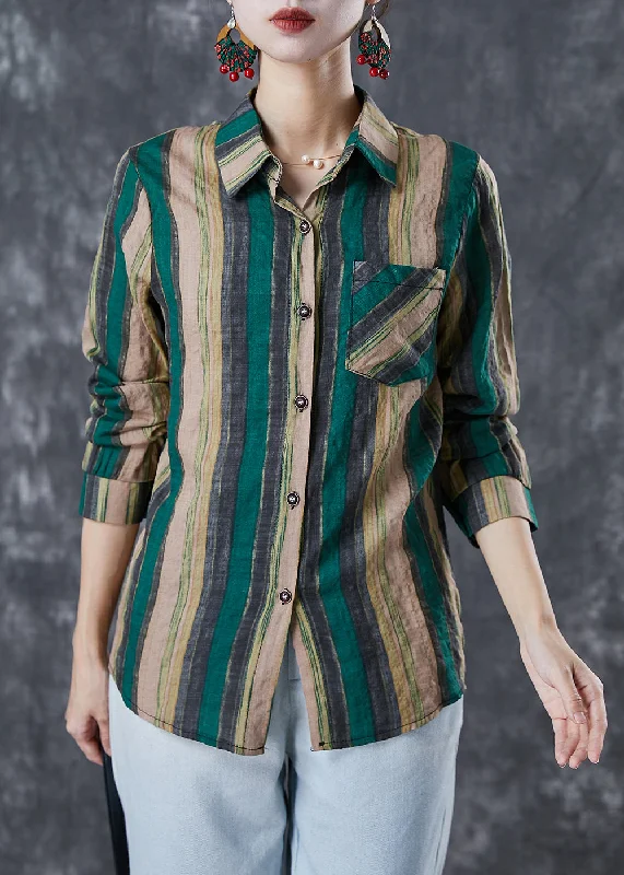 Green Striped Linen Shirt Tops Peter Pan Collar Fall