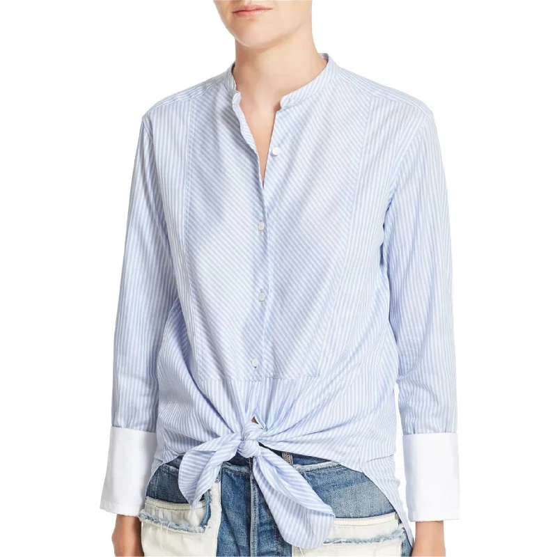 Helmut Lang Womens Striped Collarless Button Up Shirt, Blue, Large