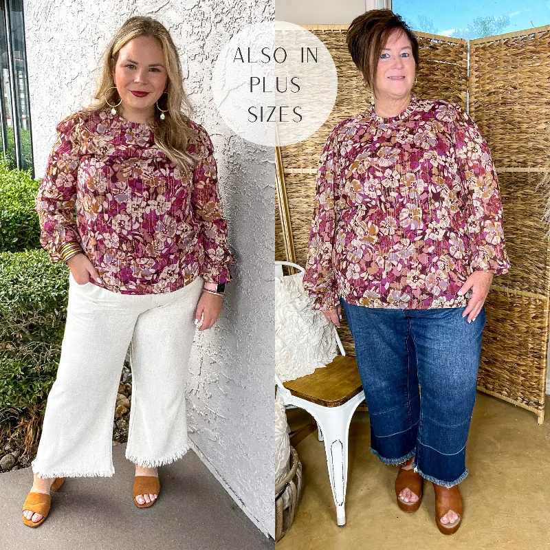 Counting Favors High Neck Floral Top with Long Sleeves in Magenta and Gold