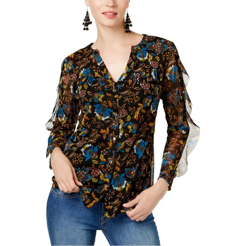 I-N-C Womens Ruffled Button Up Shirt, Black, X-Small