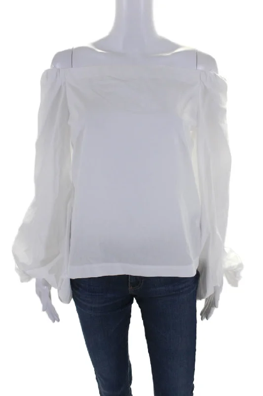 Le Superbe Womens Long Sleeves Off The Shoulder Blouse White Cotton