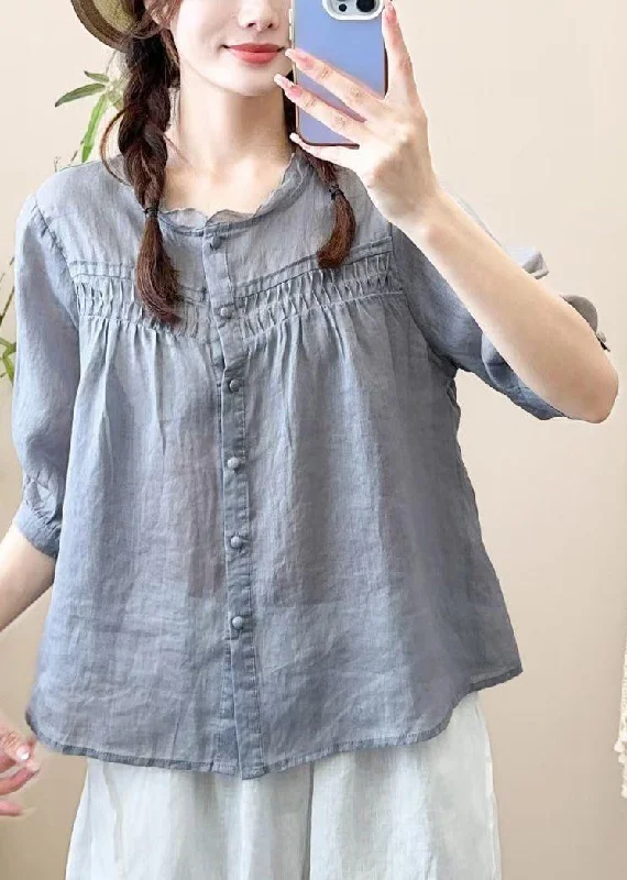 Loose Grayish Blue Ruffled Button Patchwork Cotton Shirt Half Sleeve