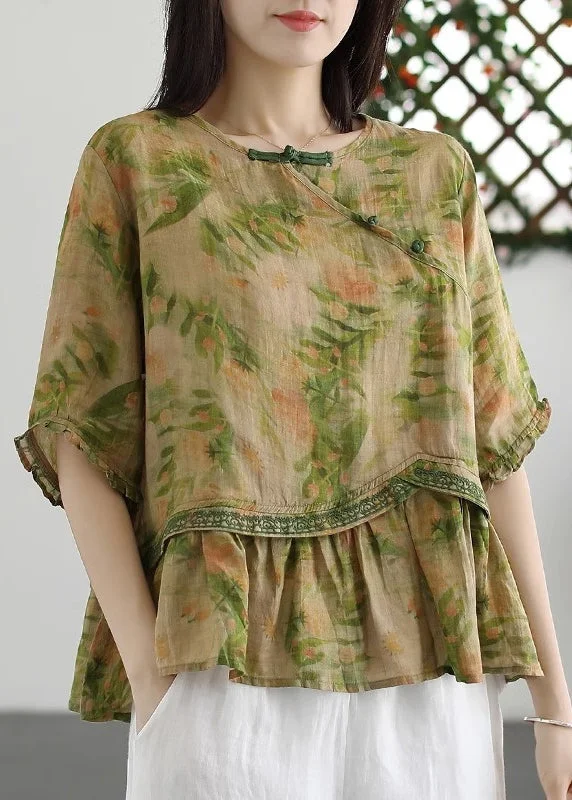 Loose Green Print Button Patchwork Cotton T Shirt Half Sleeve