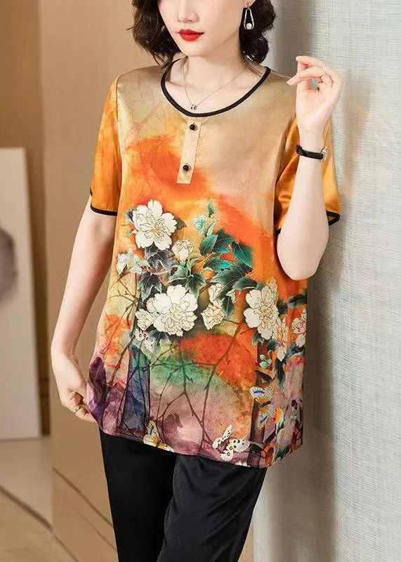 Loose Orange O Neck Print Patchwork Silk T Shirt Summer