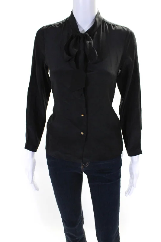 Love Binetti Womens Silk Long Sleeves Button Down Crew Neck Blouse Black