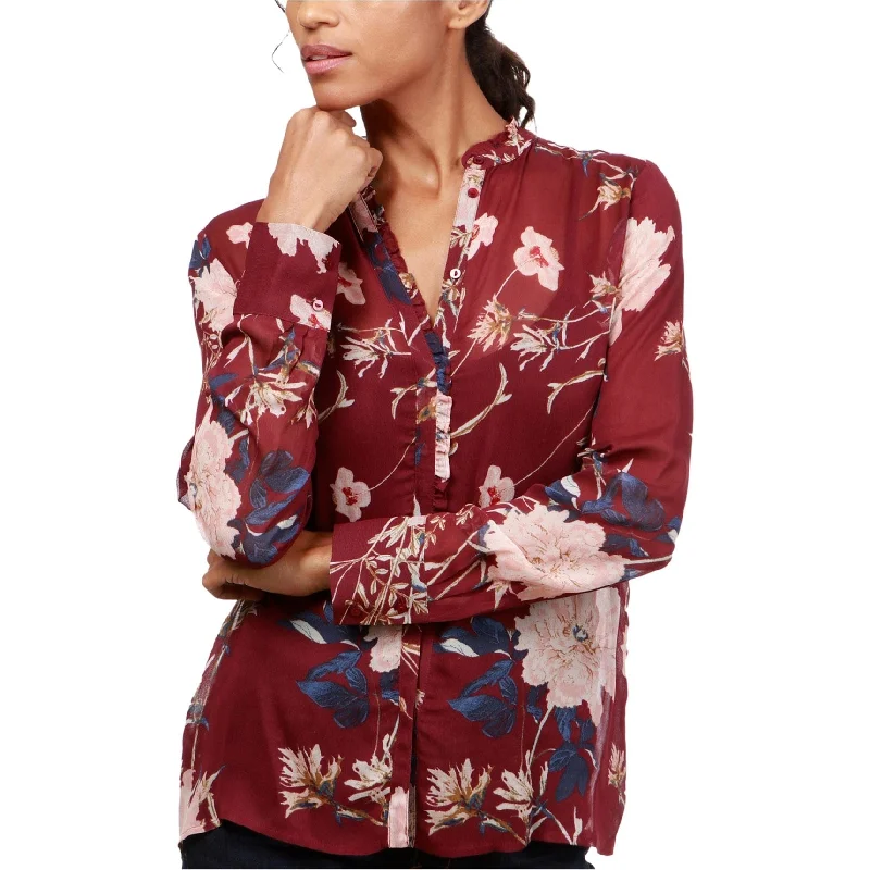 Lucky Brand Womens Ruffled Floral-Print Button Up Shirt