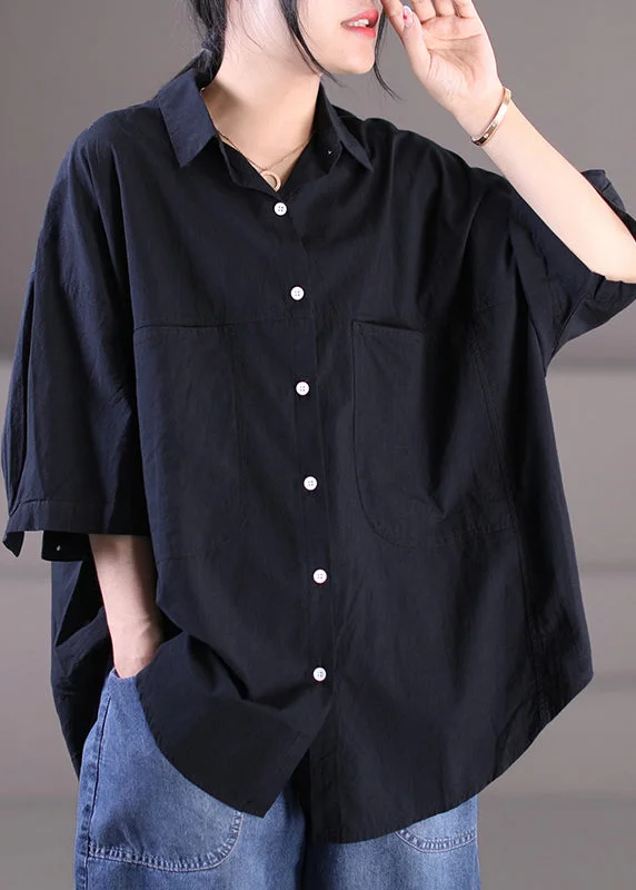 Modern Black Peter Pan Collar Low High Design Button Pockets Shirt Long Sleeve