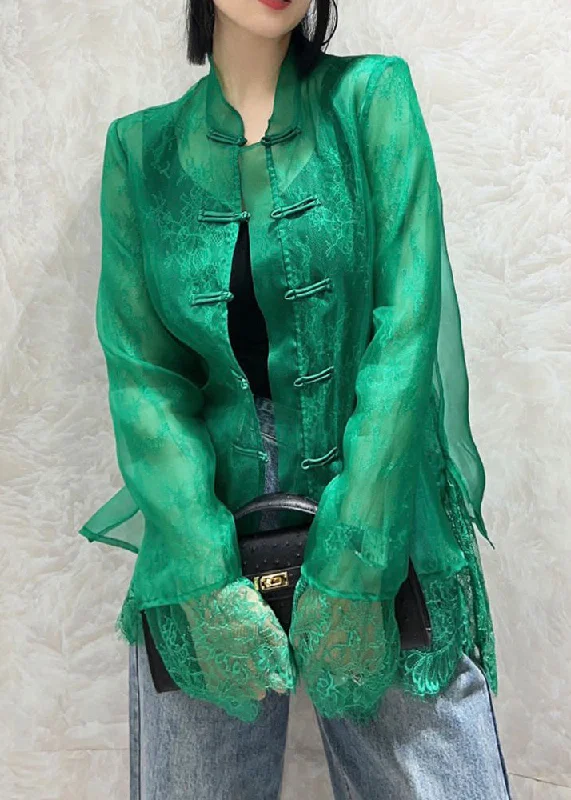 Modern Green Chinese Button Lace Patchwork Tulle Shirt Tops Fall