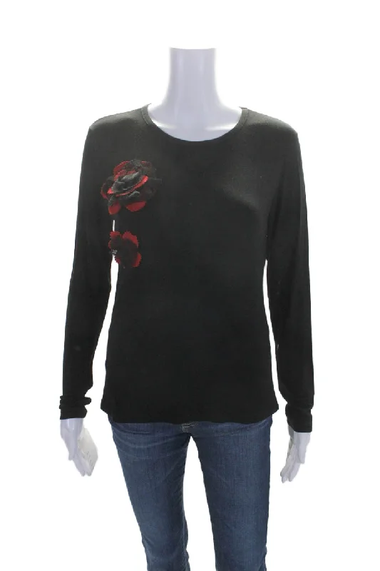 Natto Women's Round Neck Long Sleeves Embellish Blouse Black