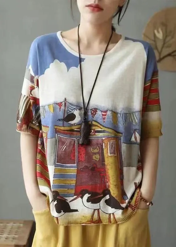 New Beige Print Patchwork Cozy Cotton Knit T Shirt Summer