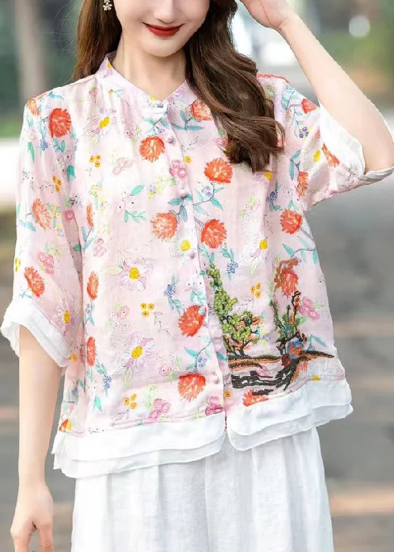 Organic Pink Embroideried Patchwork Print Linen Shirts Half Sleeve