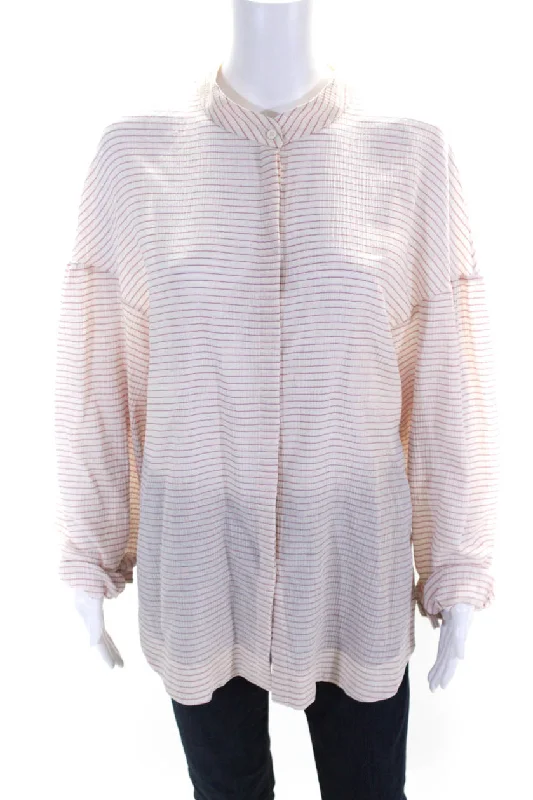 QL2 Women's Round Neck Long Sleeves Button Down Purple Stripe Silk Blouse