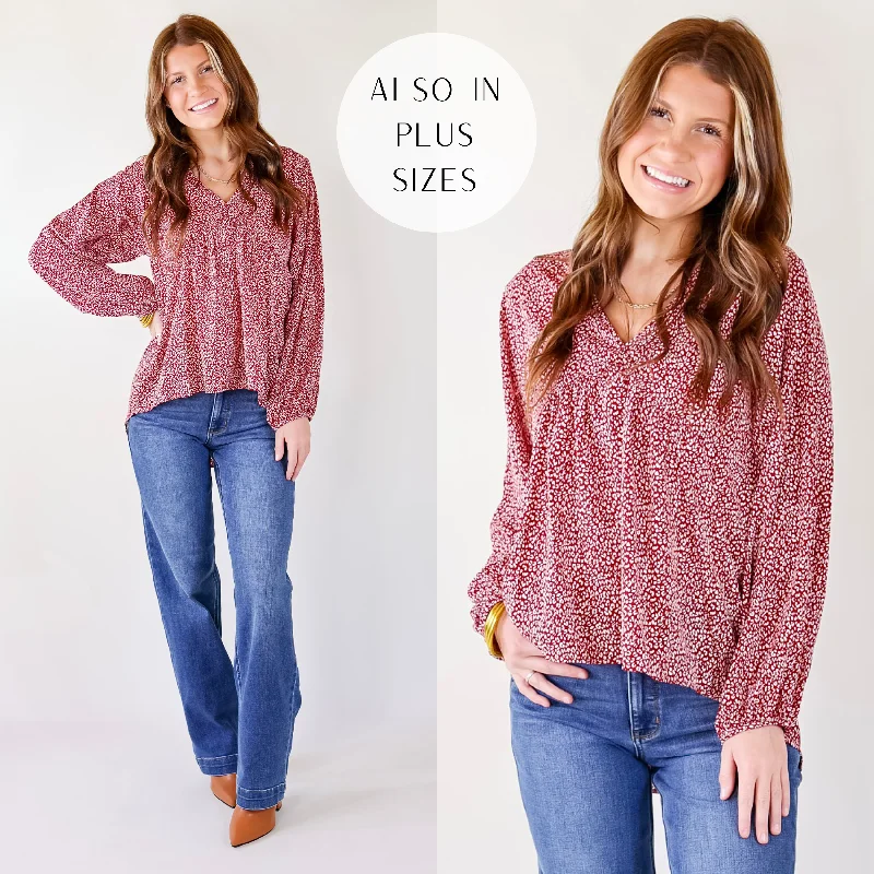 Really Dreamy Small Leopard Print Babydoll Top with Long Sleeves in Burgundy Red