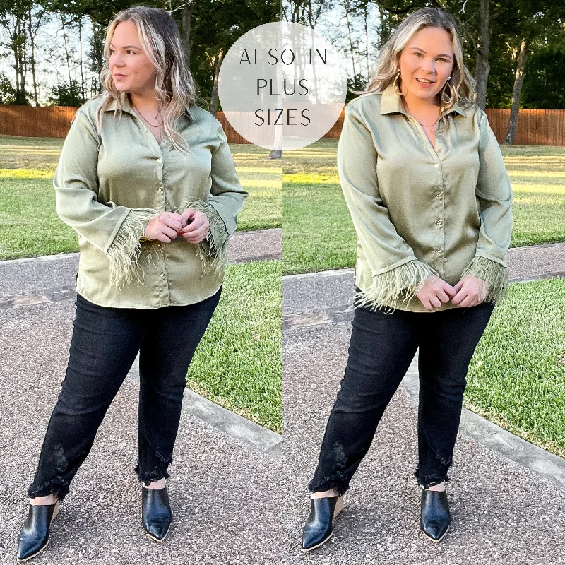 Take a Chance Satin Button Up Top with Feather Trim Long Sleeves in Olive Green