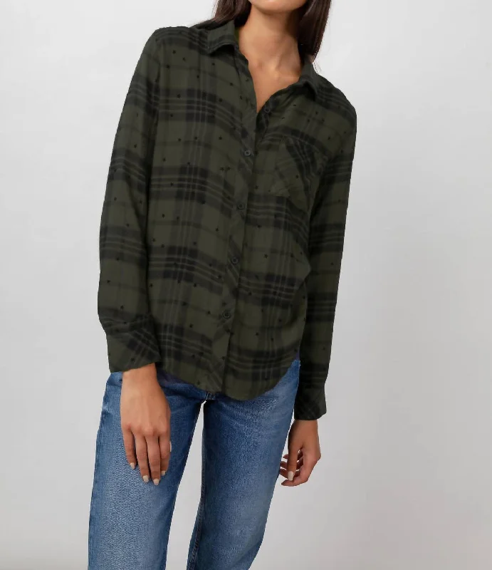 Shadow With Flocked Stars Button Down Shirt In Hunter Olive