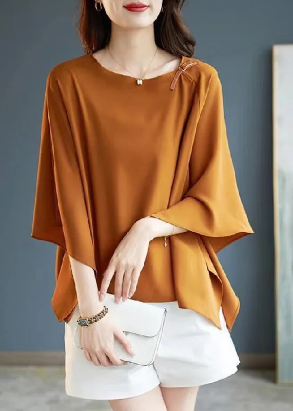 Simple Coffee O-Neck Asymmetrical Chiffon T Shirts